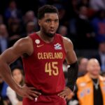 Oct 22, 2025; New York, New York, USA; Cleveland Cavaliers guard Donovan Mitchell (45) reacts during the fourth quarter against the New York Knicks at Madison Square Garden