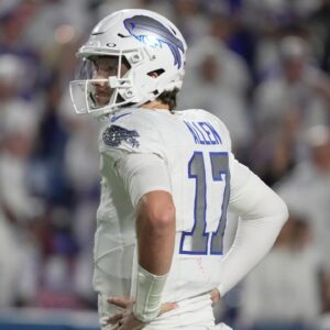 Buffalo Bills quarterback Josh Allen takes a look around waiting for play to start during final seconds in the fourth quarter at Highmark Stadium in Orchard Park on Oct. 5, 2025.