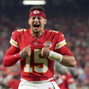 Kansas City Chiefs quarterback Patrick Mahomes (15) reacts before the game at GEHA Field at Arrowhead Stadium.