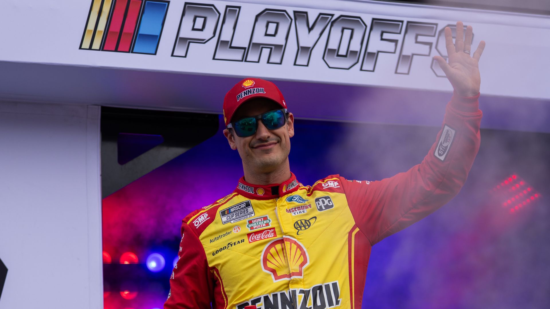 Oct 5, 2025; Concord, North Carolina, USA; NASCAR Cup Series driver Joey Logano (22) is introduced at Charlotte Motor Speedway Road Course