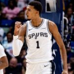 San Antonio Spurs forward/center Victor Wembanyama (1) reacts to a play against the New Orleans Pelicans during the second half at Smoothie King Center.