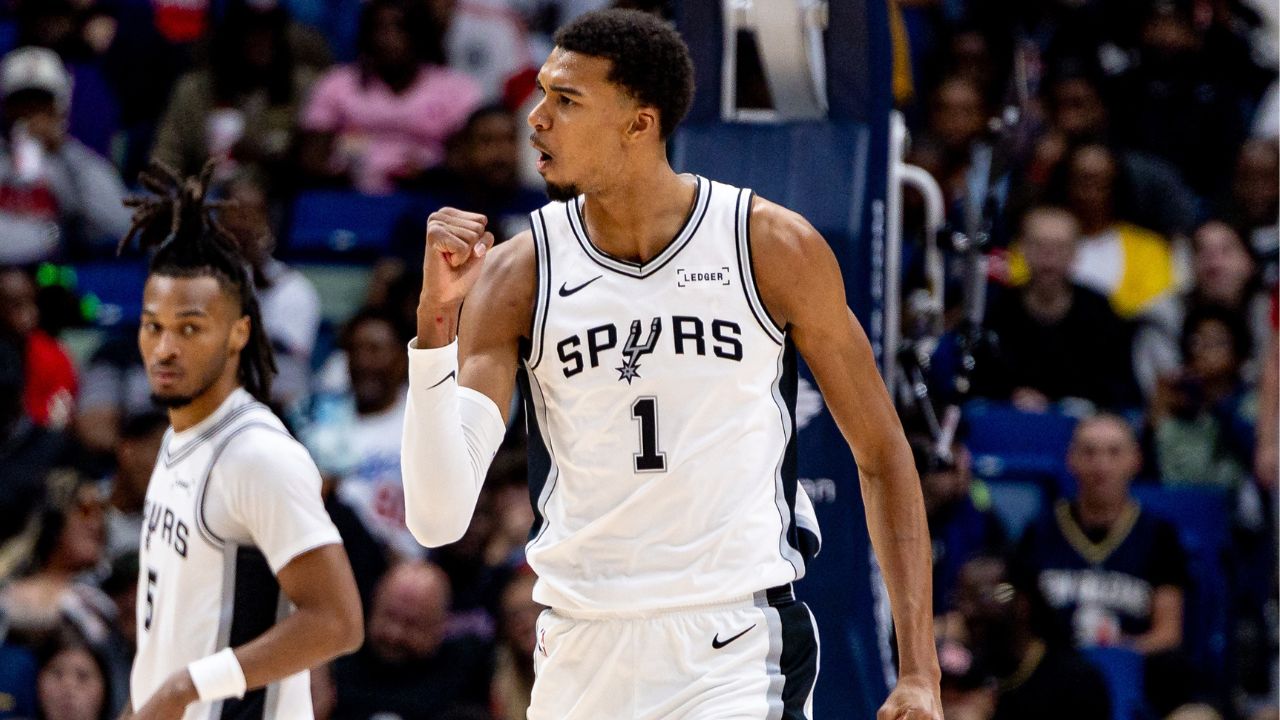 San Antonio Spurs forward/center Victor Wembanyama (1) reacts to a play against the New Orleans Pelicans during the second half at Smoothie King Center.