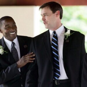 Former Detroit Pistons players Bill Laimbeer, Isiah Thomas with coach Rick Carlisle attend the funeral longtime NBA coach Chuck Daly following his funeral service at St. Jude Catholic Church in Tequesta, Fla