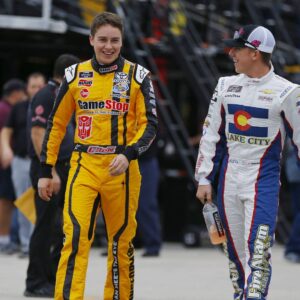 November 16, 2018 - Homestead, Florida, U.S. - Christopher Bell (20) and Kyle Larson (42) hang out in the garage during practice for the Ford 300 at Homestead-Miami Speedway in Homestead, Florida
