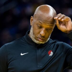 Oct 8, 2025; San Francisco, California, USA; Portland Trail Blazers Head Coach Chauncey Billups reacts during a time-out in the second quarter against the Golden State Warriors at Chase Center.