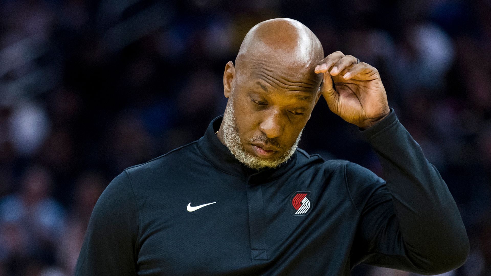 Oct 8, 2025; San Francisco, California, USA; Portland Trail Blazers Head Coach Chauncey Billups reacts during a time-out in the second quarter against the Golden State Warriors at Chase Center.