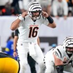 Cincinnati Bengals quarterback Joe Flacco (16) lines up in the first quarter of the NFL Week 7 game between the Cincinnati Bengals and the Pittsburgh Steelers at Paycor Stadium in downtown Cincinnati on Thursday, Oct. 16, 2025.