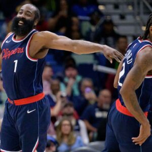 Los Angeles Clippers forward Kawhi Leonard (2) and Los Angeles Clippers guard James Harden (1) react during the second half against the New Orleans Pelicans at Smoothie King Center.