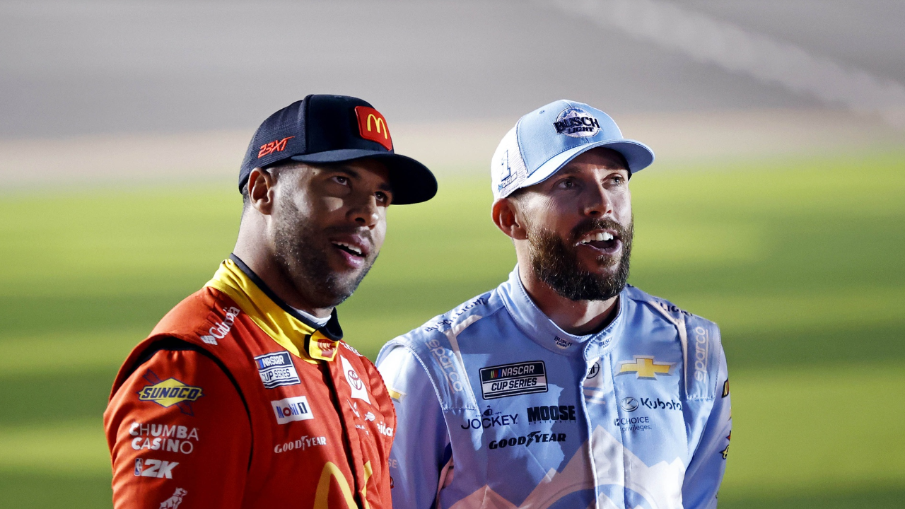 Feb 12, 2025; Daytona Beach, Florida, USA; NASCAR Cup Series driver Bubba Wallace (23) and NASCAR Cup Series driver Ross Chastain (1) during qualifying for the Daytona 500 at Daytona International Speedway. Mandatory Credit: Peter Casey-Imagn Images