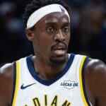 Oct 23, 2025; Indianapolis, Indiana, USA; Indiana Pacers forward Pascal Siakam (43) in the first half against the Oklahoma City Thunder at Gainbridge Fieldhouse