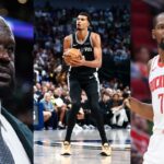 Shaquille O'Neal(L), Victor Wembanyama(Center), Kevin Durant(R)