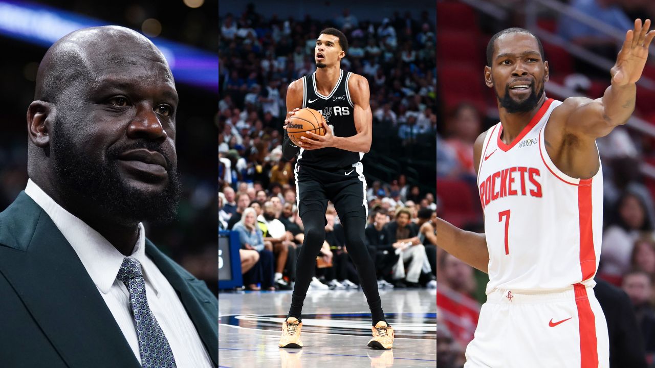 Shaquille O'Neal(L), Victor Wembanyama(Center), Kevin Durant(R)