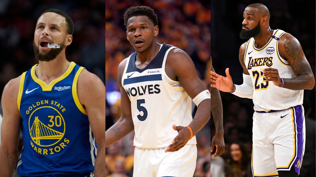 Stephen Curry(L), Anthony Edwards(Center), and LeBron James(R)