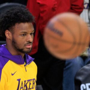 Bronny James 9 of the Los Angeles Lakers during warmups prior to their regular season NBA, Basketball Herren, USA game against the Houston Rockets on Monday March 31, 2025 at Crypto.com Arena in Los Angeles, California.