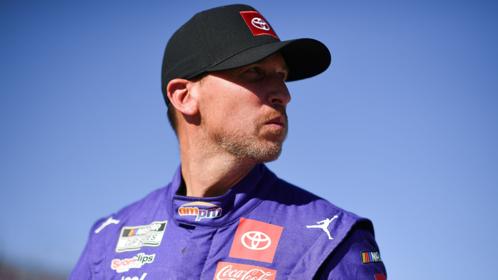 Oct 11, 2025; Las Vegas, Nevada, USA; NASCAR Cup Series driver Denny Hamlin (11) during qualifying for the South Point 400 at Las Vegas Motor Speedway. Mandatory Credit: Gary A. Vasquez-Imagn Images