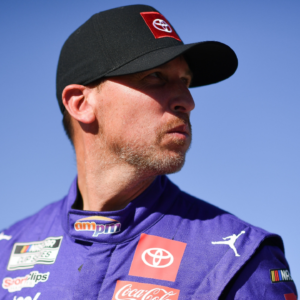 Oct 11, 2025; Las Vegas, Nevada, USA; NASCAR Cup Series driver Denny Hamlin (11) during qualifying for the South Point 400 at Las Vegas Motor Speedway. Mandatory Credit: Gary A. Vasquez-Imagn Images