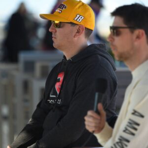 LOS ANGELES, CA - FEBRUARY 05: Kyle Busch ( 18 Joe Gibbs Racing M&M s Toyota) and Denny Hamlin