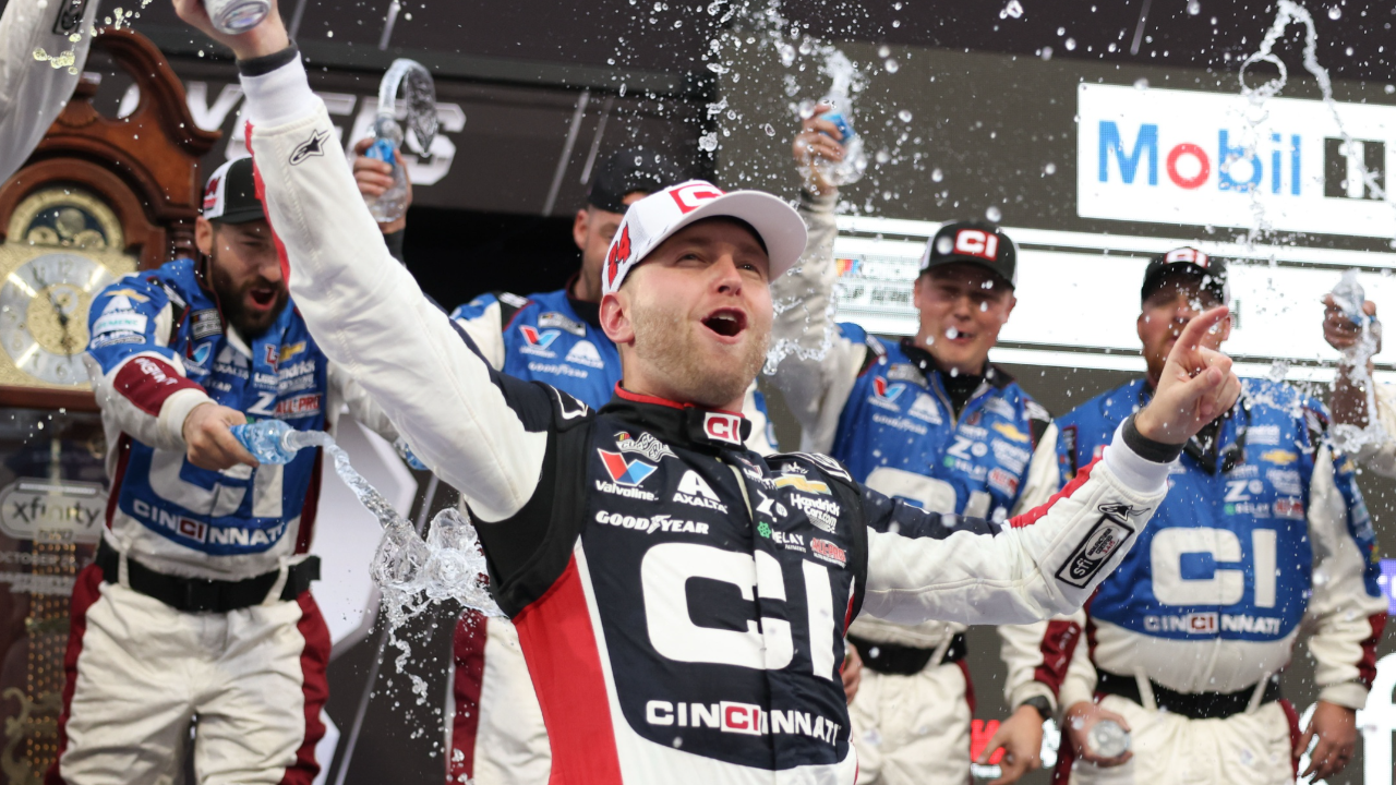 Oct 26, 2025; Martinsville, Virginia, USA; NASCAR Cup Series driver William Byron (24) celebrates his win following the Xfinity 500 at Martinsville Speedway. Mandatory Credit: Greg Atkins-Imagn Images