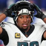 Philadelphia Eagles running back Saquon Barkley (26) looks on during the second quarter of the game against the New York Giants at MetLife Stadium.