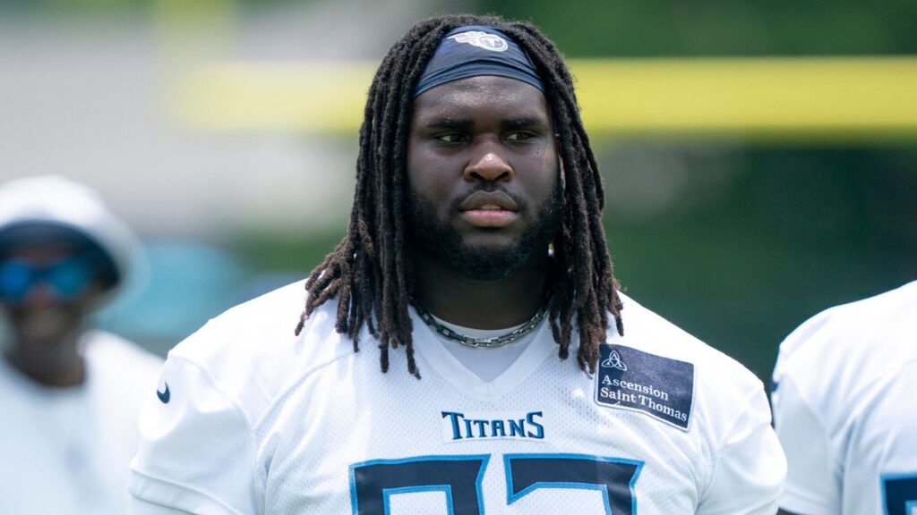 Tennessee Titans nose tackle T'Vondre Sweat (93) heads for the locker room after mandatory Titans Minicamp at Ascension Saint Thomas Sports Park in Nashville, Tenn., Tuesday, June 10, 2025.