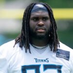 Tennessee Titans nose tackle T'Vondre Sweat (93) heads for the locker room after mandatory Titans Minicamp at Ascension Saint Thomas Sports Park in Nashville, Tenn., Tuesday, June 10, 2025.