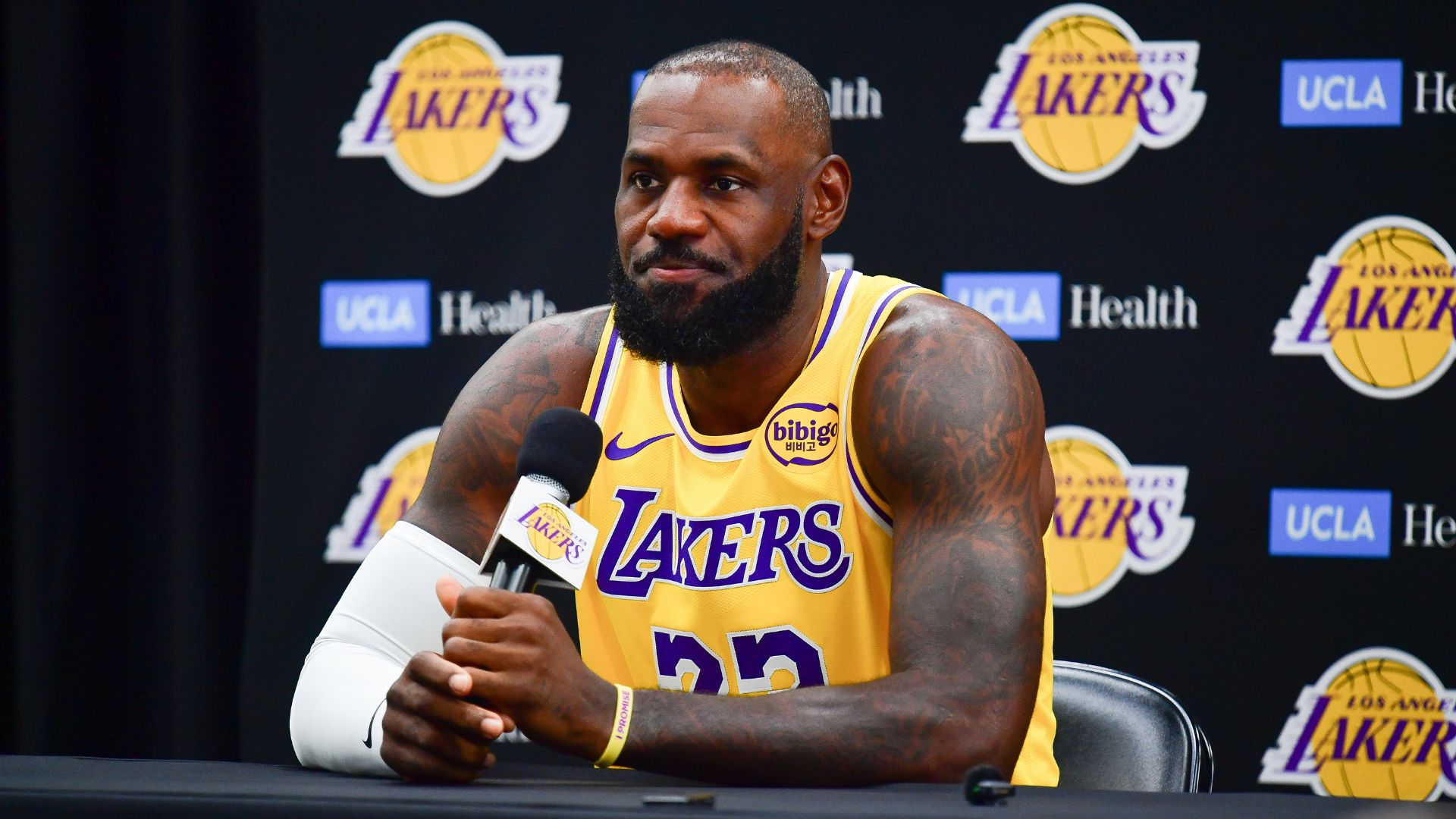 Sep 29, 2025; Los Angeles, CA, USA; Los Angeles Lakers forward LeBron James (23) during media day at UCLA Health Training Center.
