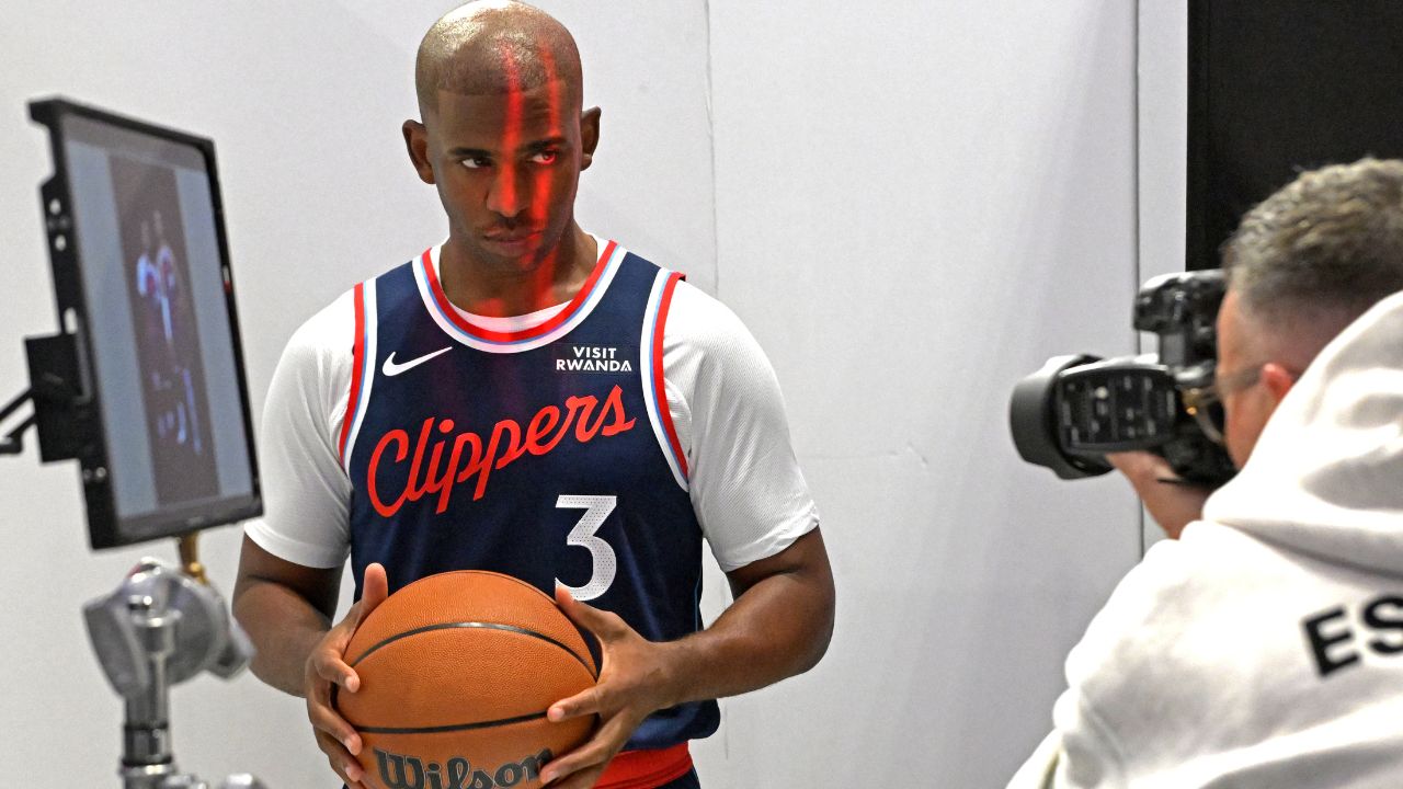 Los Angeles Clippers guard Chris Paul (3) poses during media day at Intuit Dome.