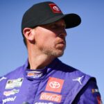 Oct 11, 2025; Las Vegas, Nevada, USA; NASCAR Cup Series driver Denny Hamlin (11) during qualifying for the South Point 400 at Las Vegas Motor Speedway