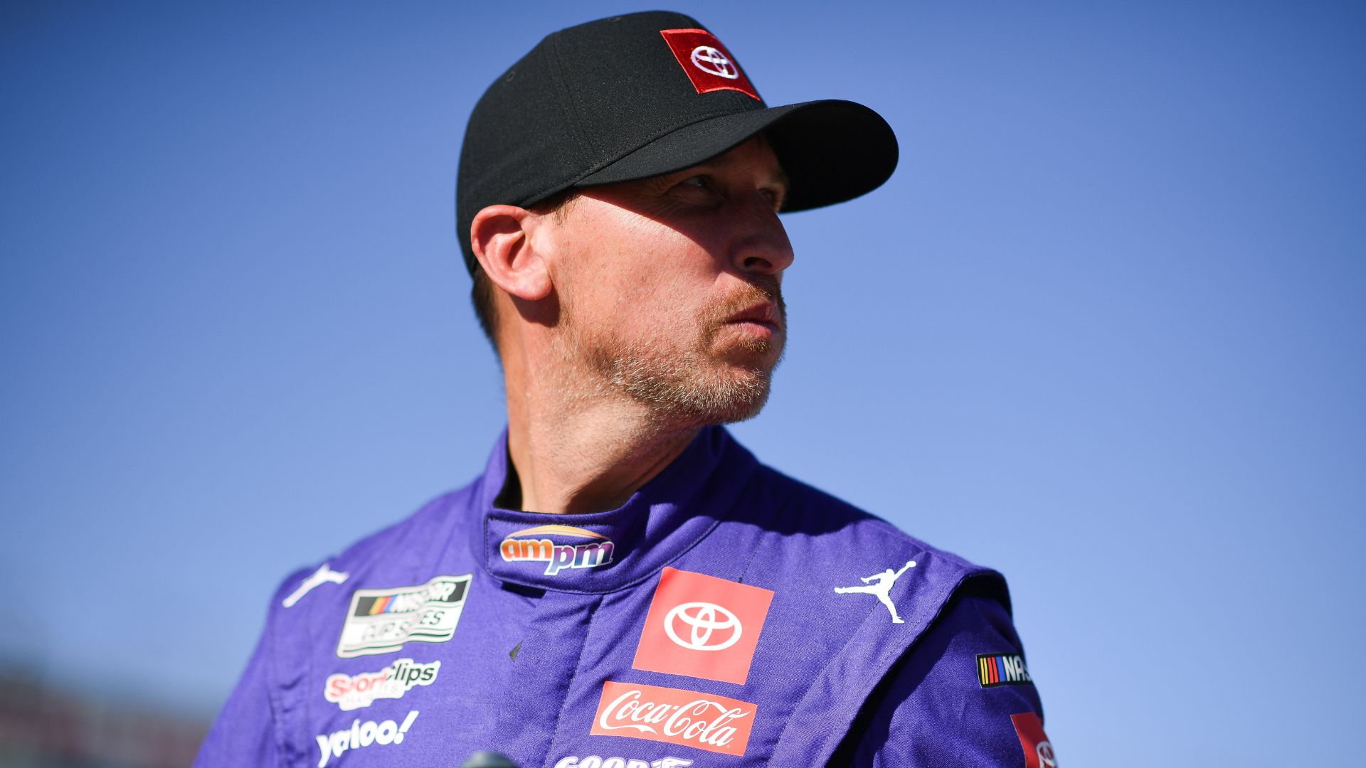 Oct 11, 2025; Las Vegas, Nevada, USA; NASCAR Cup Series driver Denny Hamlin (11) during qualifying for the South Point 400 at Las Vegas Motor Speedway