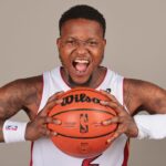 Miami Heat guard Terry Rozier (2) poses for a photo during media day at Kaseya Center.