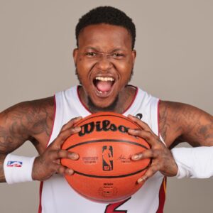 Miami Heat guard Terry Rozier (2) poses for a photo during media day at Kaseya Center.
