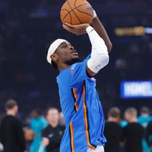 Oklahoma City Thunder guard Shai Gilgeous-Alexander warms up before the start of a game between the Charlotte Hornets and the Oklahoma City Thunder at Paycom Center.