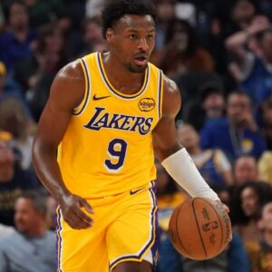 Los Angeles Lakers guard Bronny James (9) dribbles upcourt against the Golden State Warriors in the second quarter at Chase Center.