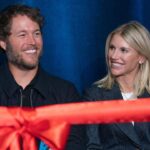 Mathew and Kelly Stafford share a laugh during speeches for the ribbon cutting of the Kelly and Matthew Stafford and Friends Education Center at the S.A.Y Detroit Play Center in Detroit on Monday, April 1, 2024.