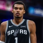 Oct 13, 2025; Indianapolis, Indiana, USA; San Antonio Spurs forward/center Victor Wembanyama (1) in the first half against the Indiana Pacers at Gainbridge Fieldhouse