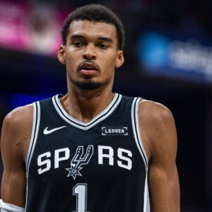 Oct 13, 2025; Indianapolis, Indiana, USA; San Antonio Spurs forward/center Victor Wembanyama (1) in the first half against the Indiana Pacers at Gainbridge Fieldhouse