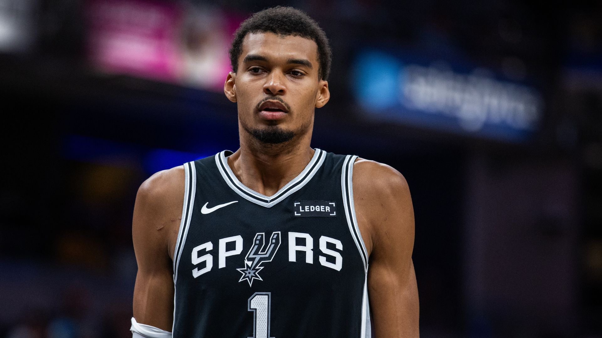Oct 13, 2025; Indianapolis, Indiana, USA; San Antonio Spurs forward/center Victor Wembanyama (1) in the first half against the Indiana Pacers at Gainbridge Fieldhouse