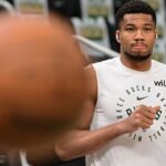 Apr 27, 2025; Milwaukee, Wisconsin, USA; Milwaukee Bucks forward Giannis Antetokounmpo (34) gets ready for game four of first round for the 2024 NBA Playoffs against the Indiana Pacers at Fiserv Forum.