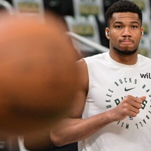 Apr 27, 2025; Milwaukee, Wisconsin, USA; Milwaukee Bucks forward Giannis Antetokounmpo (34) gets ready for game four of first round for the 2024 NBA Playoffs against the Indiana Pacers at Fiserv Forum.
