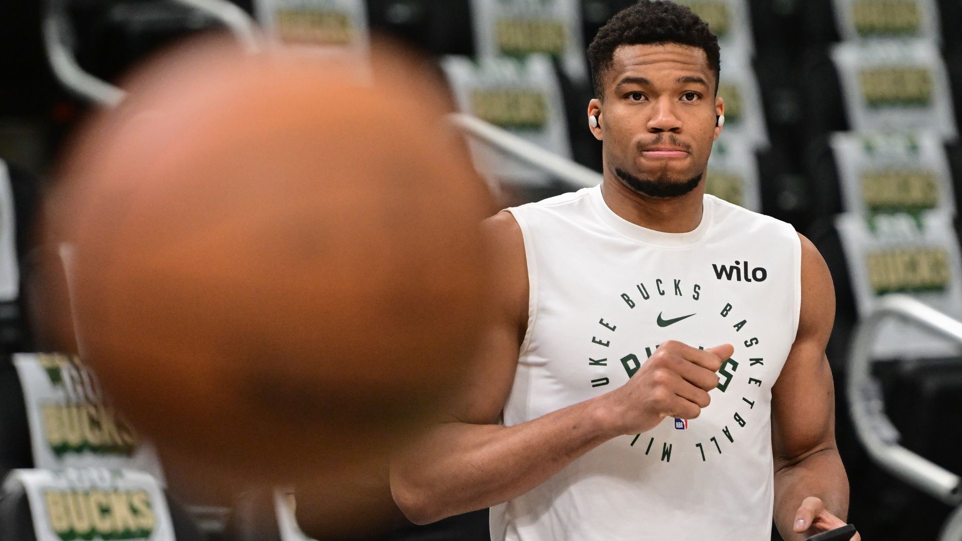 Apr 27, 2025; Milwaukee, Wisconsin, USA; Milwaukee Bucks forward Giannis Antetokounmpo (34) gets ready for game four of first round for the 2024 NBA Playoffs against the Indiana Pacers at Fiserv Forum.