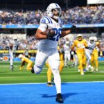 Indianapolis Colts running back Jonathan Taylor (28) scores a touchdown in the first quarter against the Los Angeles Chargers at SoFi Stadium.