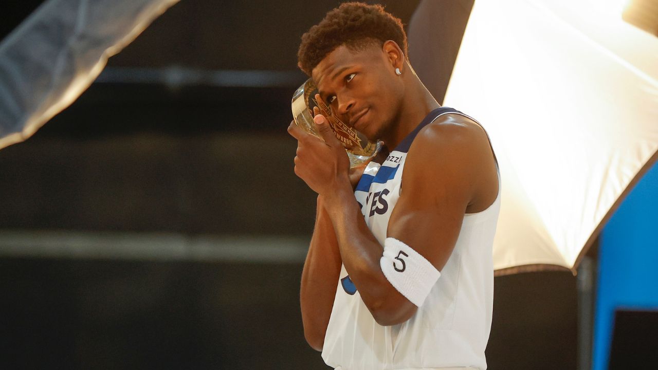 Minnesota Timberwolves guard Anthony Edwards (5) poses for a photograph as part of media day at Target Center