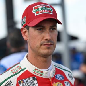 Sep 6, 2025; Madison, Illinois, USA; NASCAR Cup Series driver Joey Logano (22) looks on during practice and qualifying for the Enjoy Illinois 300 at World Wide Technology Raceway.