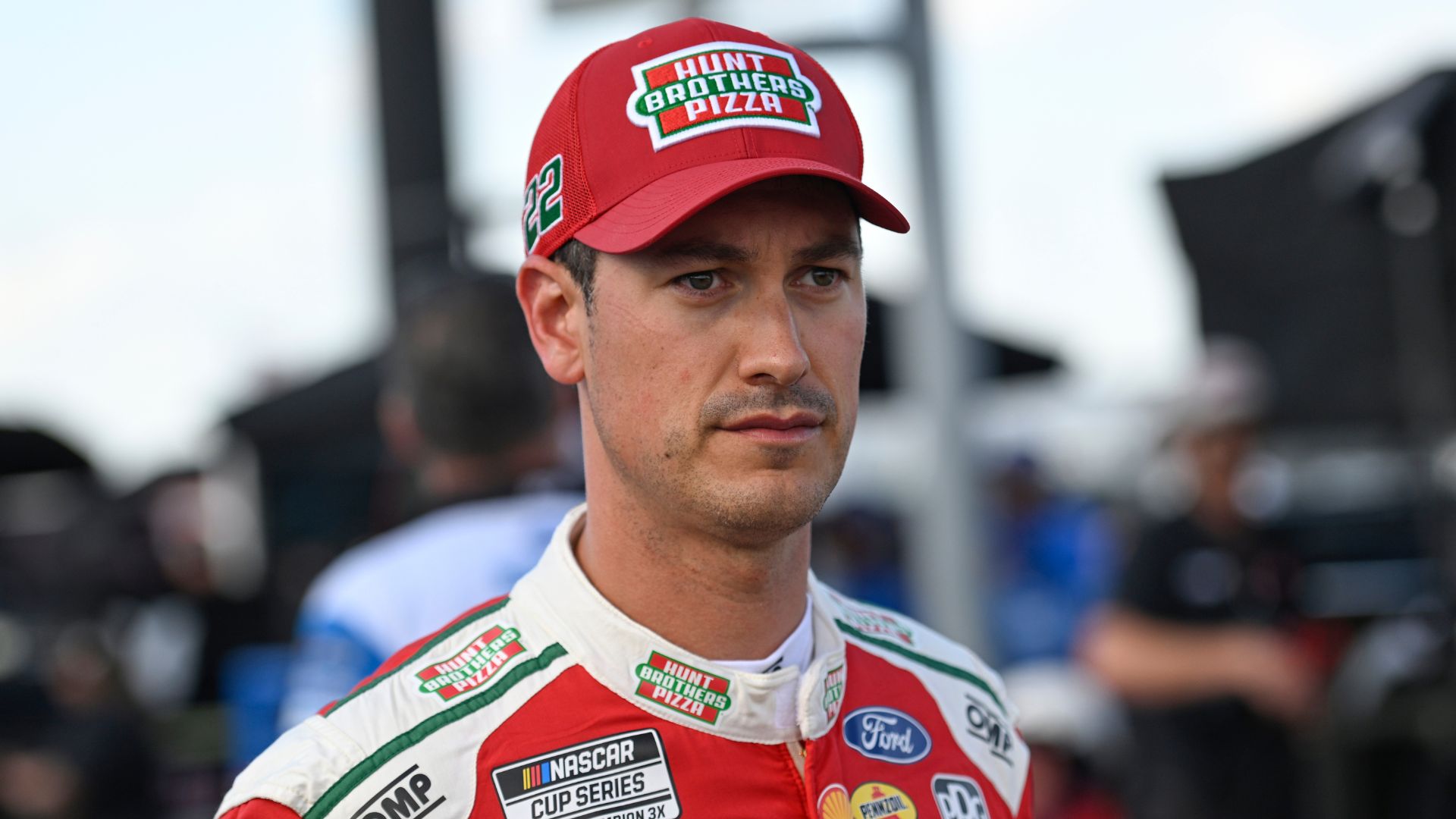 Sep 6, 2025; Madison, Illinois, USA; NASCAR Cup Series driver Joey Logano (22) looks on during practice and qualifying for the Enjoy Illinois 300 at World Wide Technology Raceway.