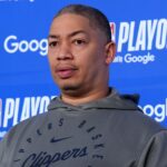 May 1, 2025; Inglewood, California, USA; LA Clippers coach Tyronn Lue at press conference during game six of first round for the 2025 NBA Playoffs against the Denver Nuggets at Intuit Dome