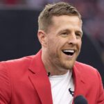 Former Houston Texans JJ Watt speaks to the fans during his Ring Of Honor Ceremony at halftime during the game between the Texans and Pittsburgh Steelers at NRG Stadium.