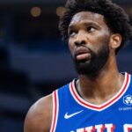 Jan 25, 2024; Indianapolis, Indiana, USA; Philadelphia 76ers center Joel Embiid (21) looks on in the first half against the Indiana Pacers at Gainbridge Fieldhouse.