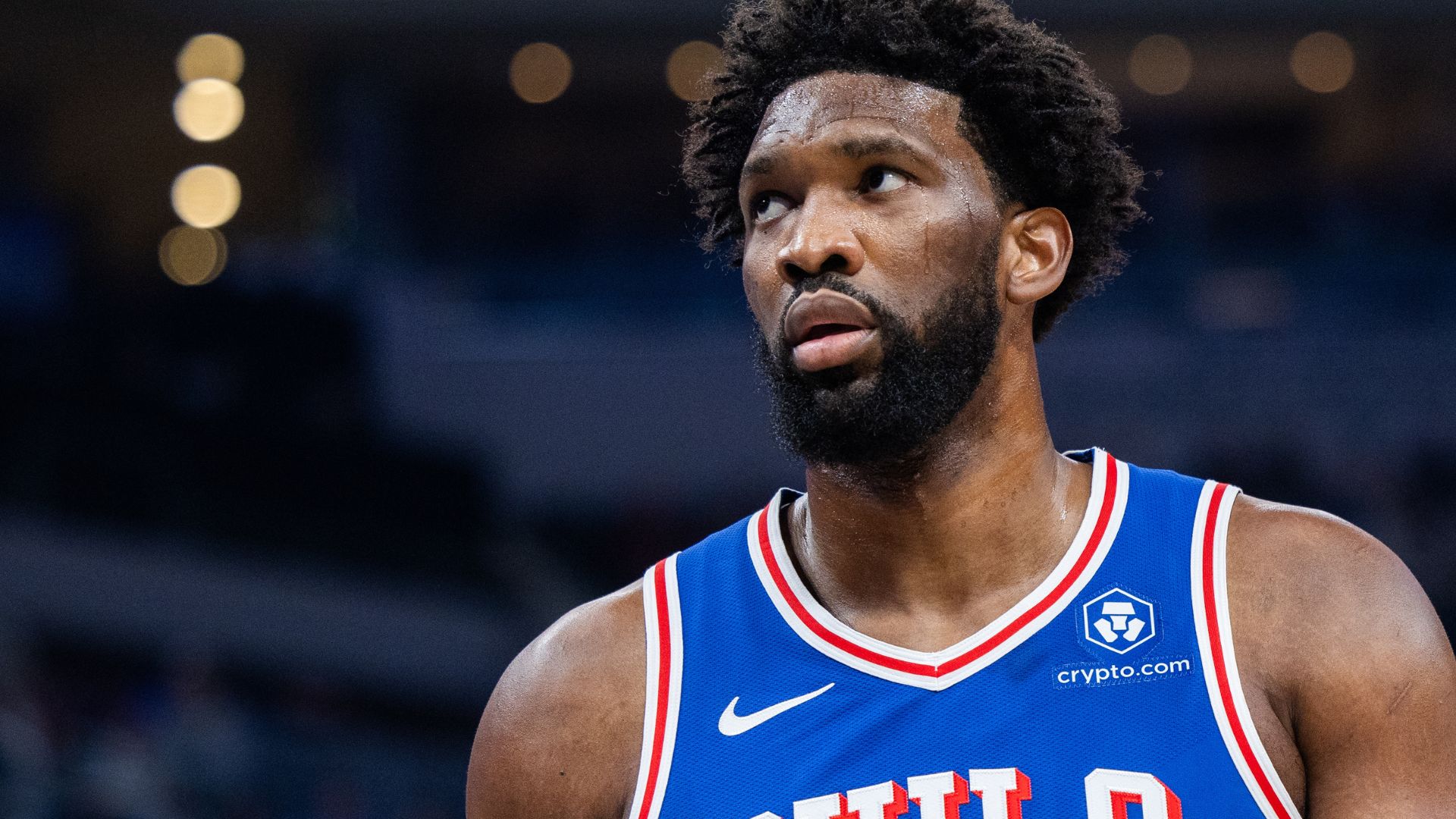 Jan 25, 2024; Indianapolis, Indiana, USA; Philadelphia 76ers center Joel Embiid (21) looks on in the first half against the Indiana Pacers at Gainbridge Fieldhouse.