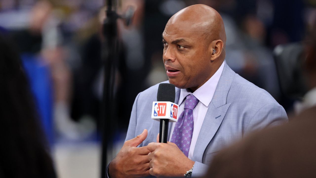 NBA TV analyst Charles Barkley talks on set before game three of the 2024 NBA Finals between the Boston Celtics and the Dallas Mavericks at American Airlines Center.