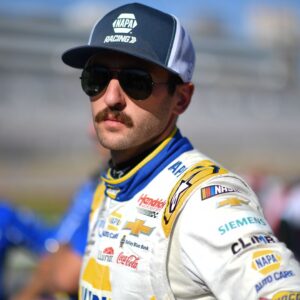 Oct 11, 2025; Las Vegas, Nevada, USA; NASCAR Cup Series driver Chase Elliott (9) during qualifying for the South Point 400 at Las Vegas Motor Speedway.